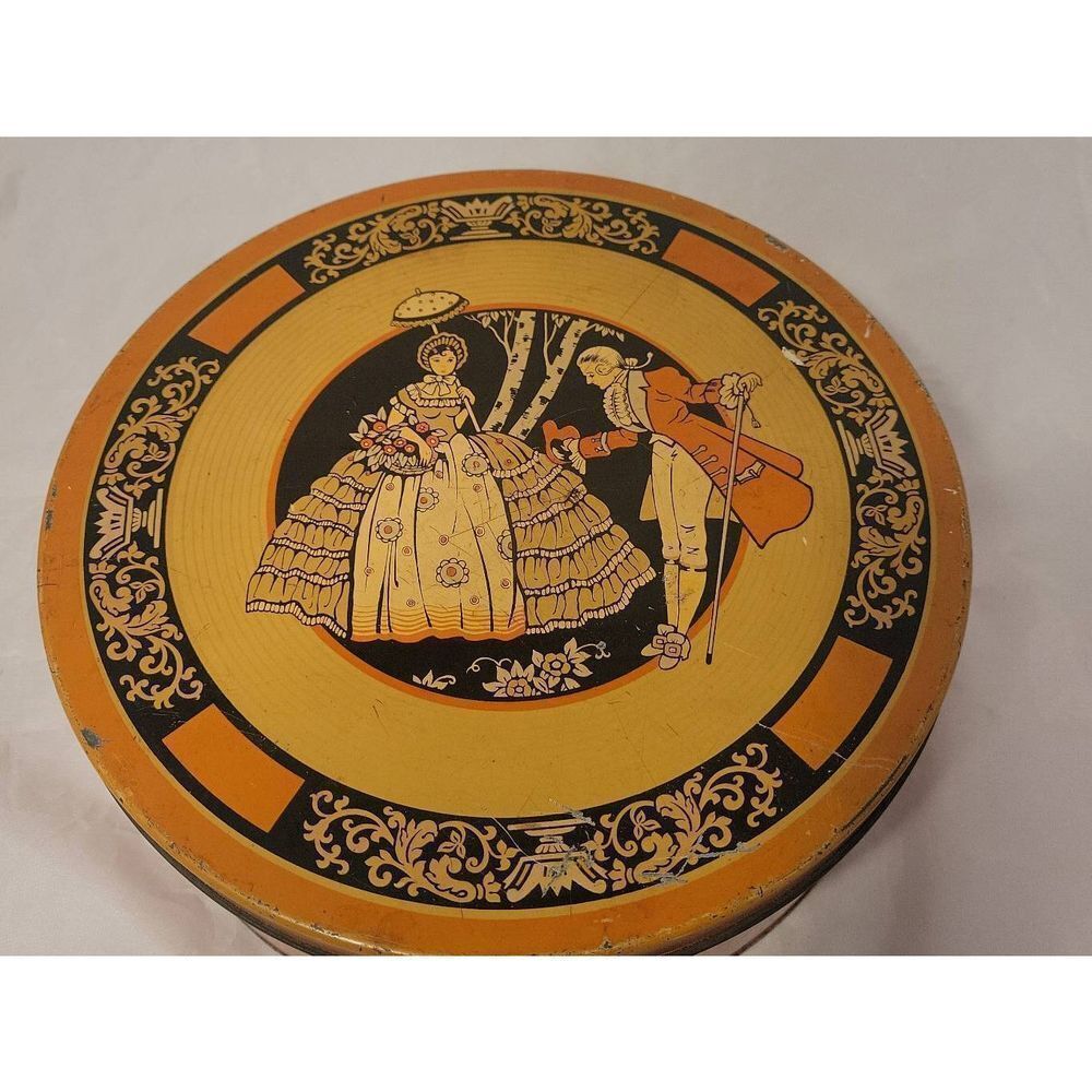 Antique‎ Art Deco Tin Romantic Courting Couple  1920s - 1930s Round Storage 10"